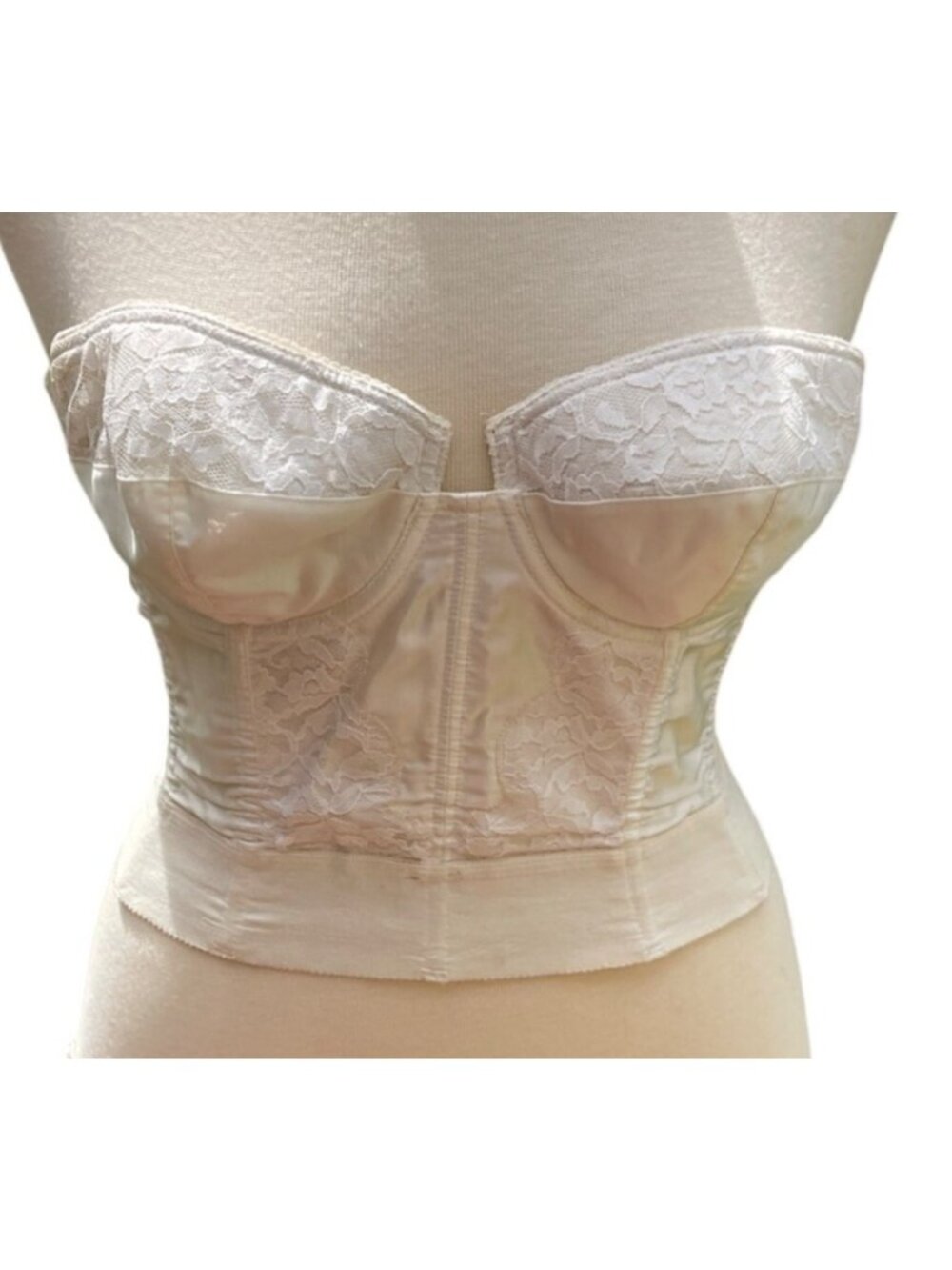 Strapless Longline Bustier 36B Satin Lace White Vintage Adonna Style 2027